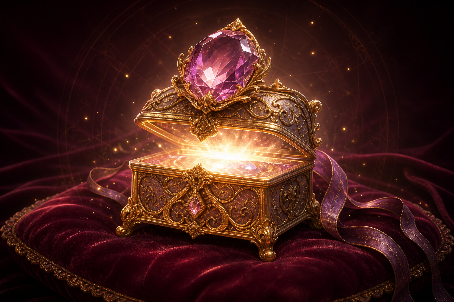 Relicário dourado aberto, iluminado por magia